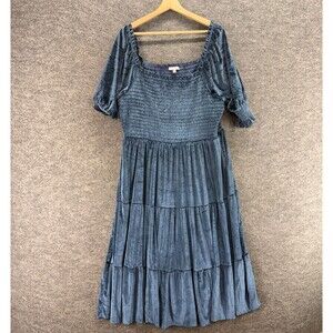 BalticBorn Dress Women 3XL Blue Shift Midi Square Neck Stretch Short Sleeve